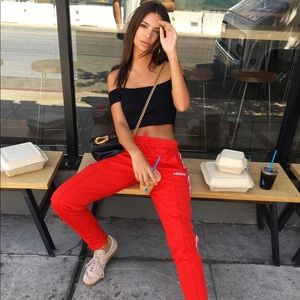 red adidas pants outfit
